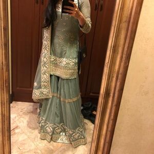 Embroidered Sage Green Traditional Sharara Set